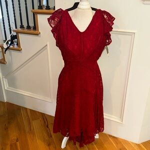 Cranberry red dress with flutter sleeves lace overlay